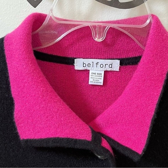 Belford Cashmere Collard Poncho Sweater in Black and Contrasting Pink One Size - Picture 7 of 12